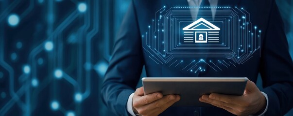 Professional holding an iPad with a digital security interface padlock symbol hologram representing data protection and cybersecurity in a business context