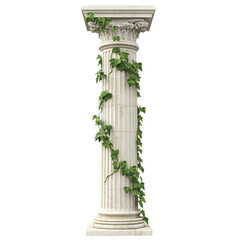 A classic white marble column adorned with lush green ivy climbing its surface against a transparent background