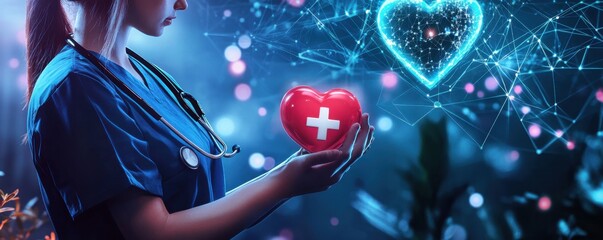 Medical professional holding heart symbol with network connections, symbolizing healthcare technology and modern medicine