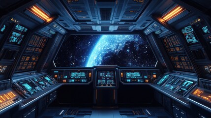 Futuristic Spacecraft Cockpit with Earth View