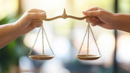 Hands holding a set of balance scales, symbolizing lifestyle balance, soft natural light with a blurred office background.