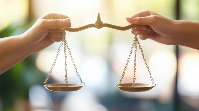 Hands holding a set of balance scales, symbolizing lifestyle balance, soft natural light with a blurred office background.