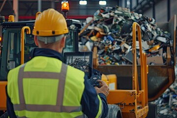 Engineer Driving Loader in Recycling Plant