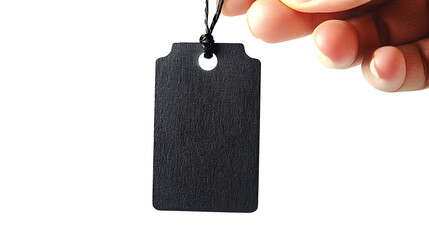Close up of a hand pinches a blank black price tag on a transparent background for Black Friday or sale event.
