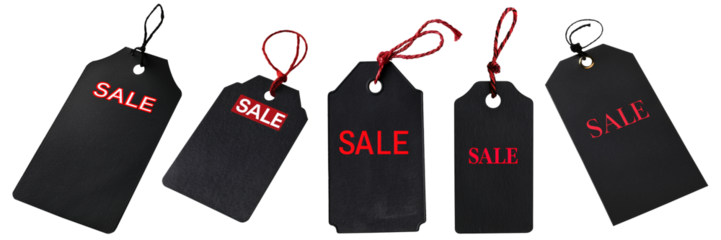 Set of isolated black price tags with red and white text "SALE" on a transparent background for Black Friday or sale events.