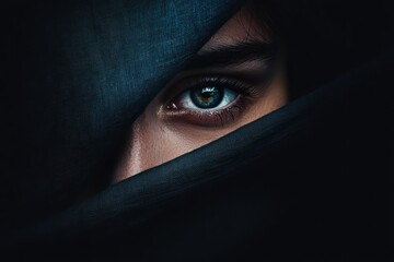 Naklejka premium Close-Up of a Mysterious Eye Peeking Through Dark Fabric with Intense Gaze and Dramatic Lighting