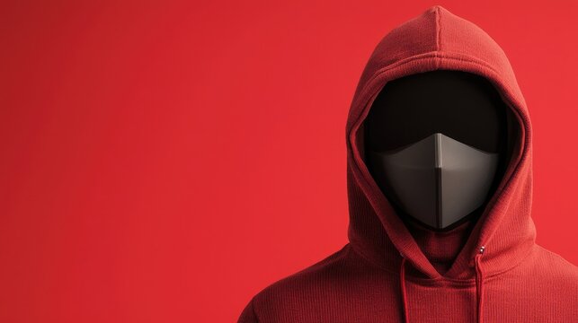 Mysterious figure in a red hoodie with a dark mask, blending into a red background, showcasing anonymity and enigma.