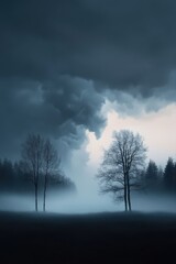 Fototapeta premium Dramatic Storm Clouds Over Misty Forest with Bare Trees in Foreground