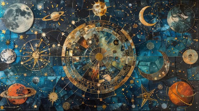 Intricate cosmic map featuring planets, moons, and astrological symbols set against a starry background.