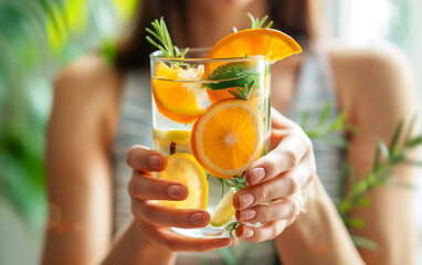 Refreshing Antioxidant-Infused Water: Woman Holding Glass with Citrus Fruits & Herbs for Health Benefits