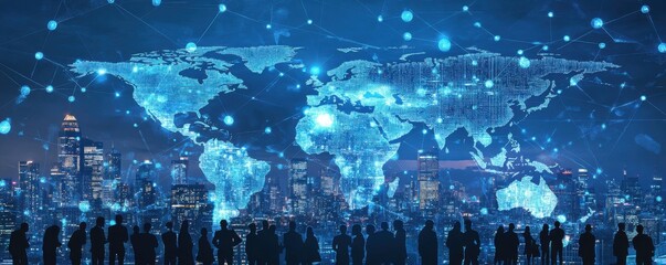 World map displaying global connections in a business setting with a city skyline and silhouettes of people.