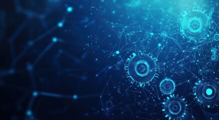 Fototapeta premium Abstract blue background with interconnected digital gears and arrows, depicting technology and innovation concepts in a futuristic cyber environment