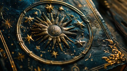 Fototapeta premium A detailed celestial design featuring a sun motif surrounded by stars and intricate decorations on a textured background.