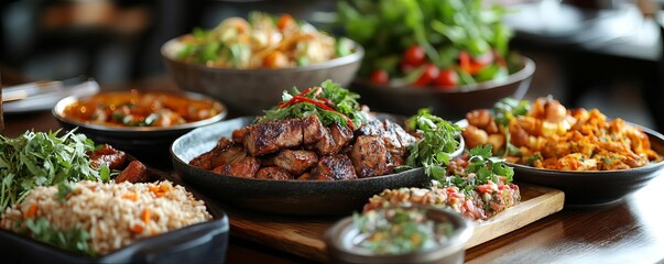 Delicious spread of various dishes including grilled meat, fresh salad, and flavorful rice on a rustic wooden table.