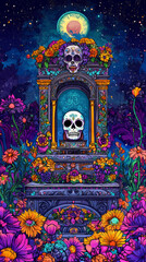 Obraz premium Floral-Adorned Altar for Dia de los Muertos, Deep Blues and Purples in Background 
