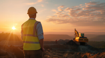 Back view of an engineer in a yellow safety vest and helmet overseeing construction work at a site during sunrise, with machinery in the background.