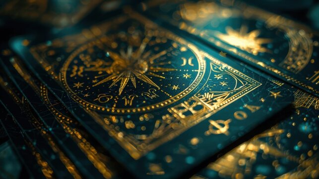 A captivating close-up of ornate tarot cards with intricate gold designs and mystical symbols, perfect for divination themes.