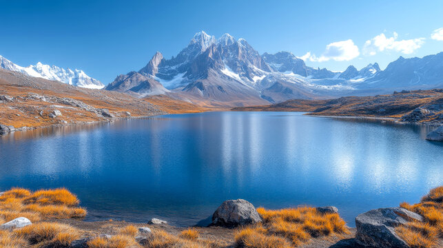 Nun kun mountain reflecting in alpine lake in indian himalayas