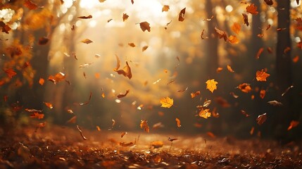 Warm Autumn Forest with Soft Focus and Falling Leaves
