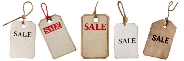 Set of isolated brown craft paper price tags with red and black text "SALE" on a transparent background for Black Friday or sale events.