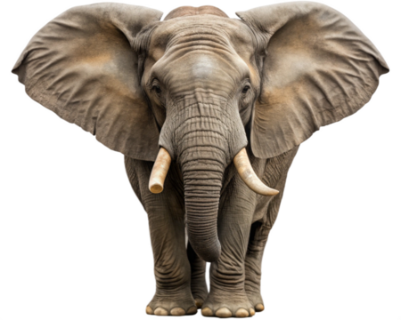 An elephant is displaying aggression with its ears flattened and trunk raised in a transparent background PNG. - Powered by Adobe