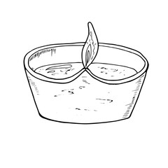 Oil Diwali Diya Lamp with burning flame vector isolated monochrome illustration. Holiday burning candle lamp etching drawing for festivals and religious celebrations. Happy Deepawali cards.
