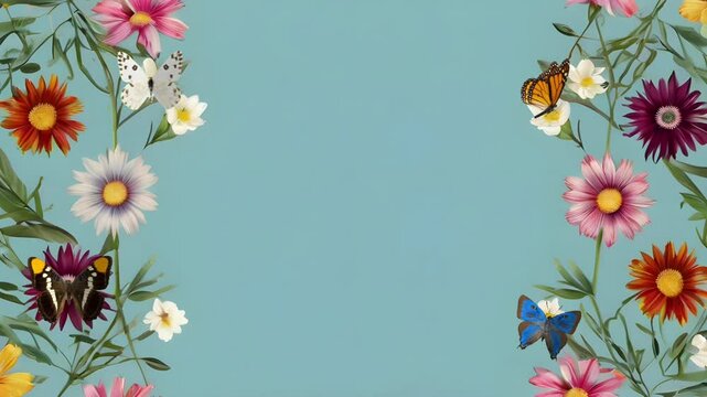 A frame of several colorful flower stalks with a light blue background. Seamless 4K looping timelapse video animation background