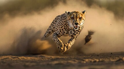 A cheetah sprinting across the plains of Kruger National Park, kicking up dust as it chases its prey.
