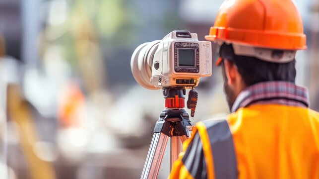 A surveyor using a total station or measuring device to take precise measurements of land or construction sites, ensuring accurate results