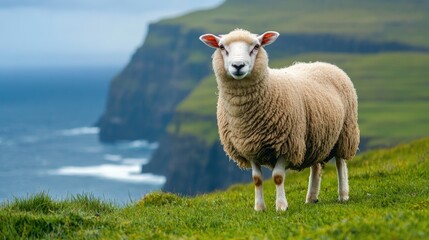 Fototapeta premium A close-up of a Faroese sheep grazing on the green hills, with the ocean in the background.