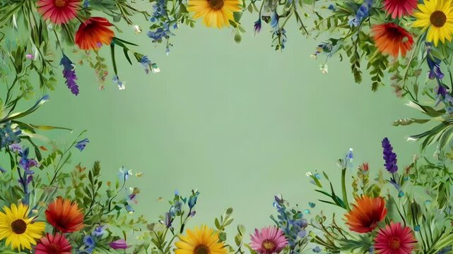 A frame of several colorful flower stalks with a light green background. Seamless 4K looping timelapse video animation background