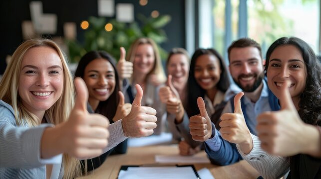 A diverse team of employees giving thumbs-up or other positive gestures during a planning session, symbolizing consensus and agreement on a plan