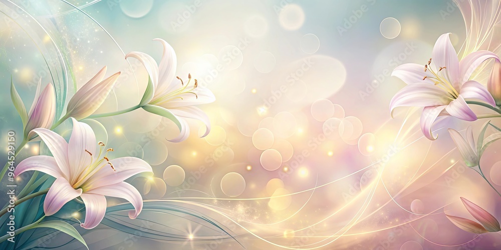 Wall mural Soft pastel background with flowing patterns and illuminated lily shapes