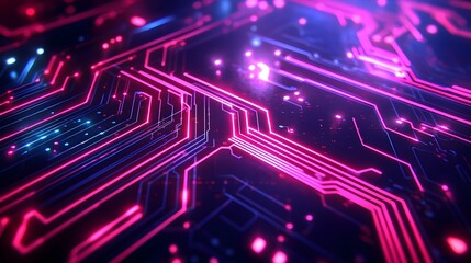 Futuristic Abstract Circuit Board Design with Glowing Neon Lines
