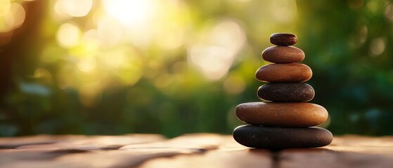 Obraz premium Serene stack of pebbles on a wooden surface, reflecting tranquility and balance in nature's embrace during a golden hour.