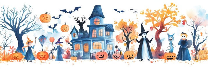 Obraz premium A charming watercolor illustration featuring a haunted house, witches, pumpkins, and bats, symbolizing fun, magic, and festive autumn atmosphere for a perfect Halloween party.