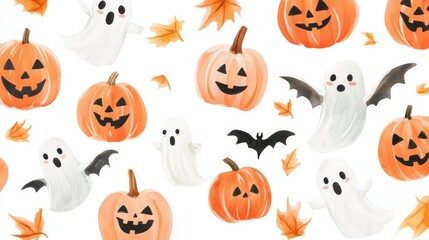 Fototapeta premium A charming watercolor illustration featuring pumpkins, ghosts, bats and autumn leaves. Perfect for Halloween decorations, party invitations or social media posts.