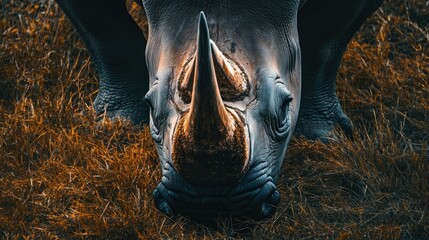 A close-up of a rhino grazing in Kenya Lake Nakuru National Park.