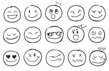 Doodle Emoticon Face Icon Set. Hand Drawn Sketch Emoji with Different Emotion and Mood. Vector illustration
