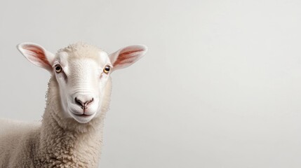 A close-up photograph of a sheep's face against a white wall. The sheep has a soft, white coat and large, brown eyes. The background is plain white, creating a simple and elegant image. This photo cou