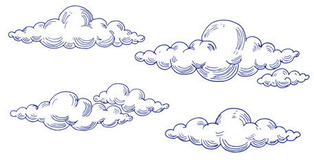 Clouds in hand drawn vintage style isolated on white background. Landscape elements in sketch style. Vector illustration