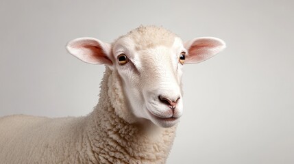 Obraz premium A close-up portrait of a sheep's face against a white background. The sheep's eyes are wide and curious, looking directly at the viewer. The soft wool and delicate features highlight the animal's gent