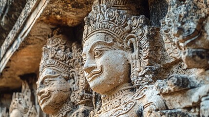 A close-up of the ancient stone carvings on a Bagan temple, showing the craftsmanship of the artisans.