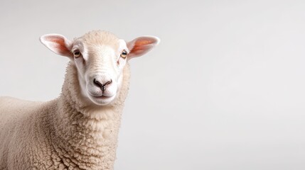 Fototapeta premium A close-up portrait of a sheep's face against a white background. The sheep has a soft, fluffy coat and curious eyes. The image evokes feelings of innocence, gentleness, and domestication.
