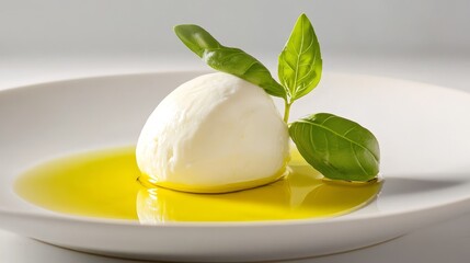 A close-up shot of a fresh burrata cheese, adorned with fragrant basil leaves and drizzled with rich olive oil, representing purity, freshness, Italian cuisine, and gourmet dining.