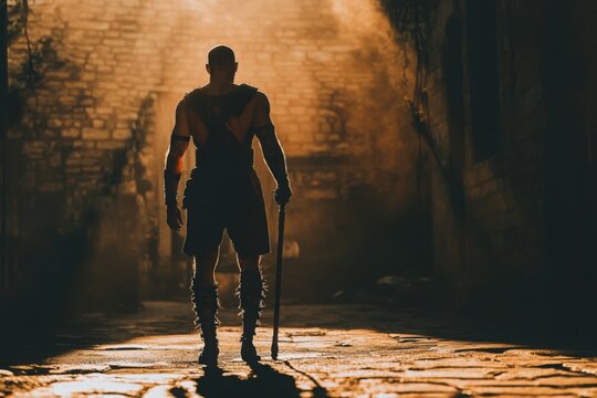 Disabled gladiator with a crutch, cinematic photograpy, with copy space