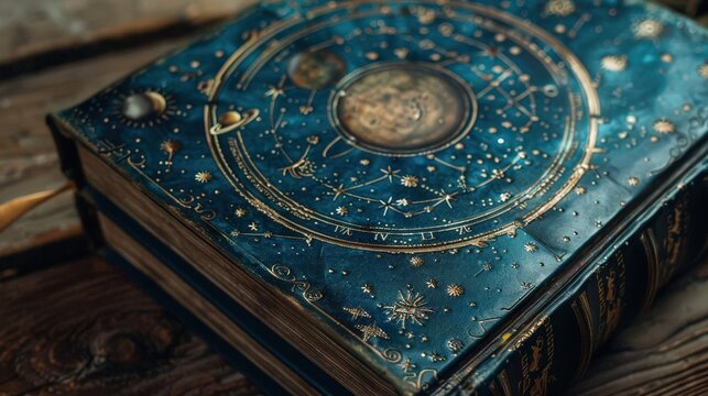 A beautiful, ornate book featuring celestial designs and cosmic details, perfect for themes of astrology and mysticism.