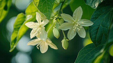 Obraz premium A close-up of the delicate flowers of the Cucumber Tree, with their white petals contrasting against the green leaves.