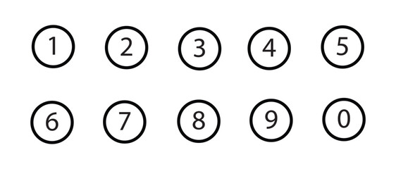 number circle icon set 1-9. Set of 0-9 numbers.  Set of Round 1-9 Numbers.