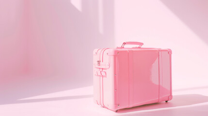 A pink suitcase stands prominently in a sunlit room, showcasing its contemporary design and glossy finish, surrounded by soft shadows and bright light